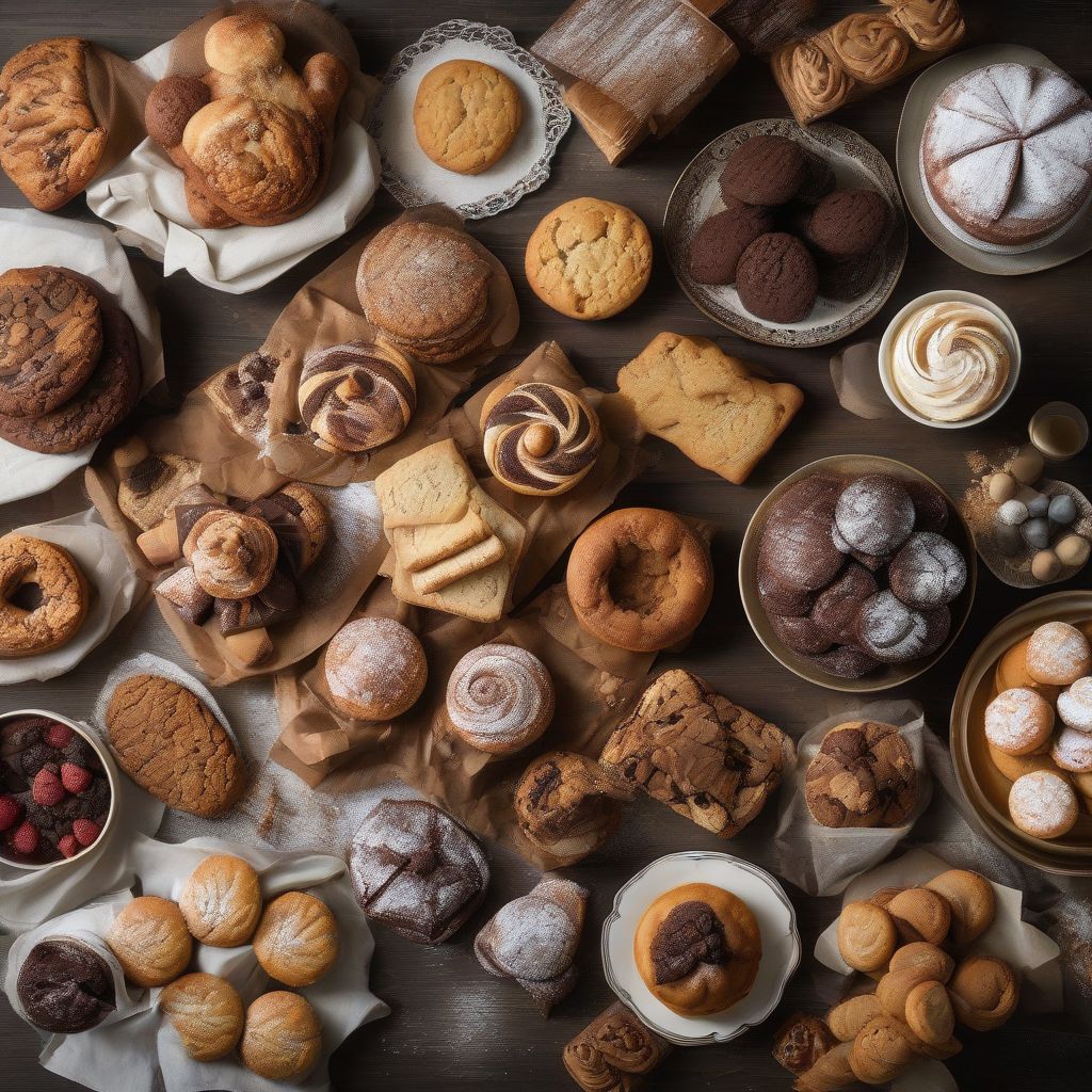 A spread of diverse baked goods, showcasing cookies, cakes, breads, and pastries.